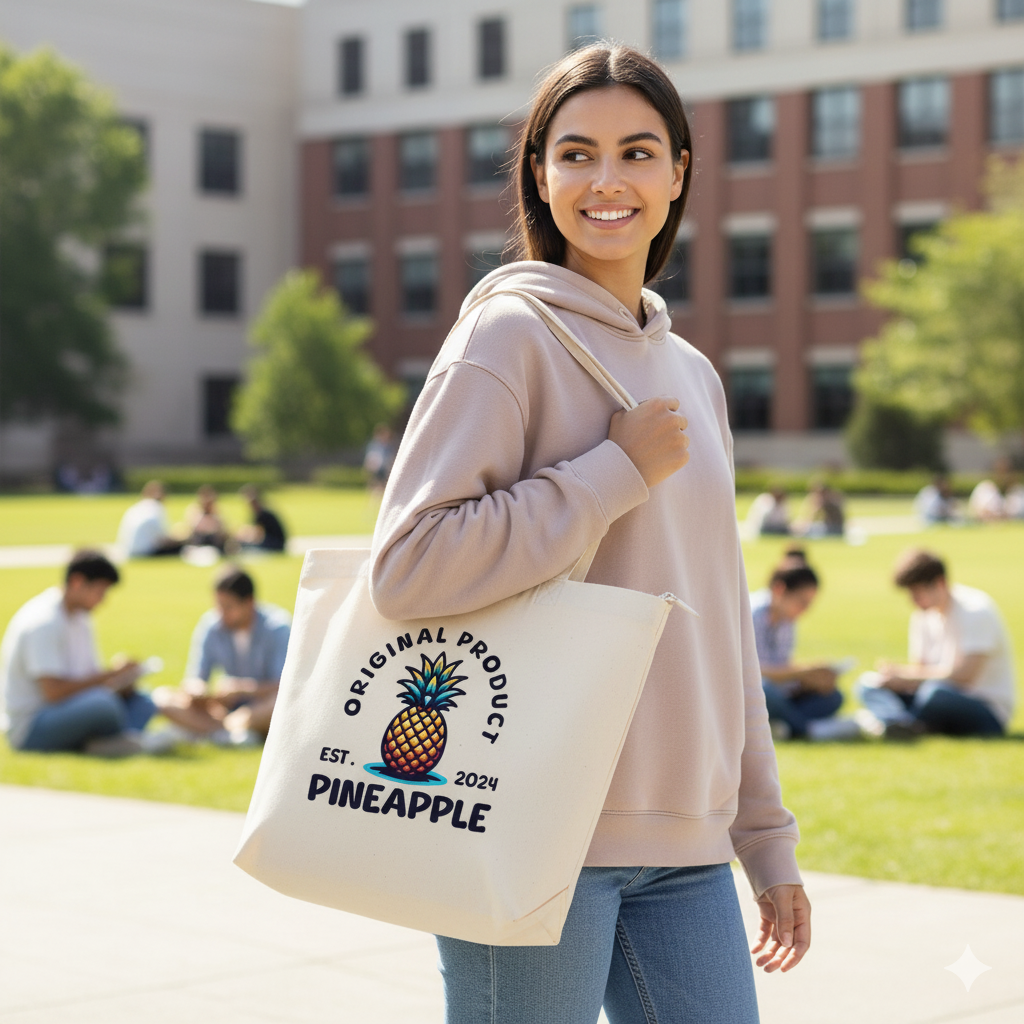 Woman holding a tote bag with a pineapple design and text on a college campus.