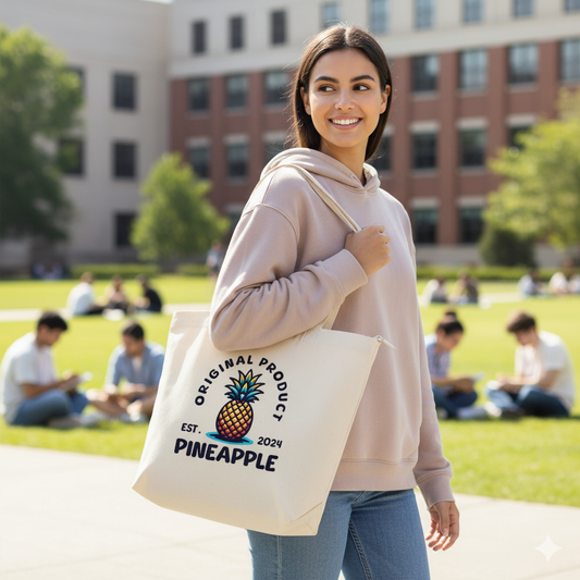 Woman holding a tote bag with a pineapple design and text on a college campus.