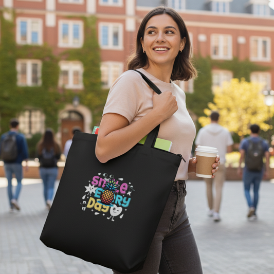Woman holding a black tote bag with colorful text and graphics, standing in an outdoor setting.